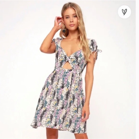 Free People Miss Right Cream & Purple Floral Print Mini Dress with Front Keyhole - Picture 4 of 12